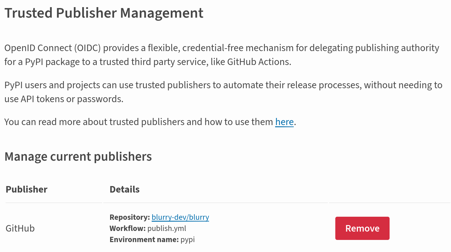 PyPI trusted publisher management settings