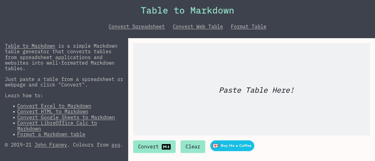 Homepage of tabletomarkdown.com