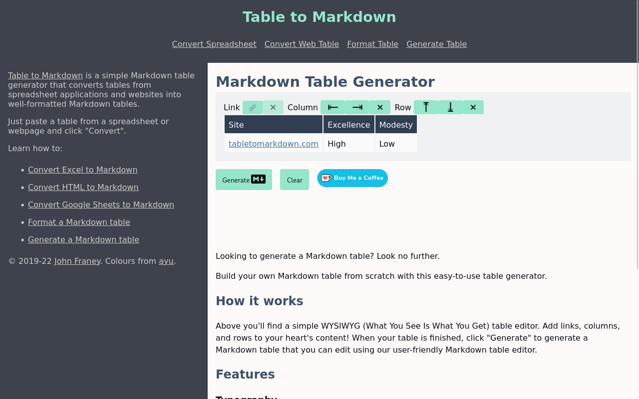 Table to Markdown: "Markdown Table Generator" page