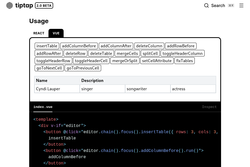 Screenshot of Tiptap's table editor demo